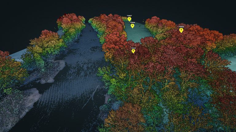 Aerial imaging of the project area with yellow markers indicating key locations for the Columbia Power & Water Systems infrastructure expansion