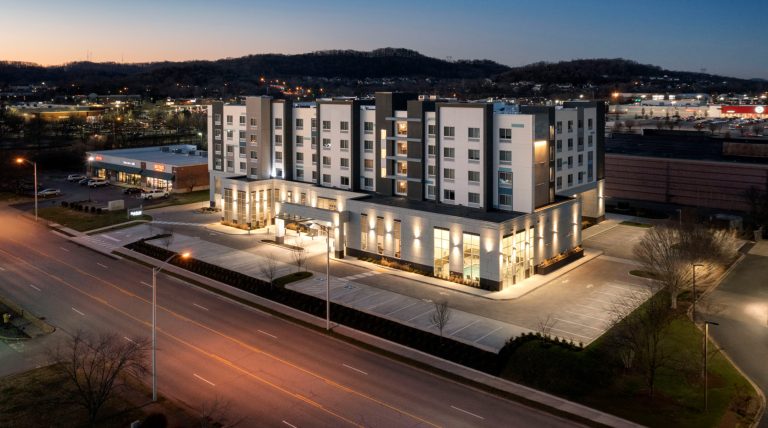 Nighttime view of the completed Franchised Economy Hotel