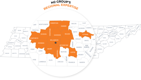 Map of Tennessee highlighting M2 Group's headquarters in Franklin and focus on Middle Tennessee's growth corridors